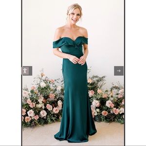 Revelry Bardot Satin Gown in Classic Emerald